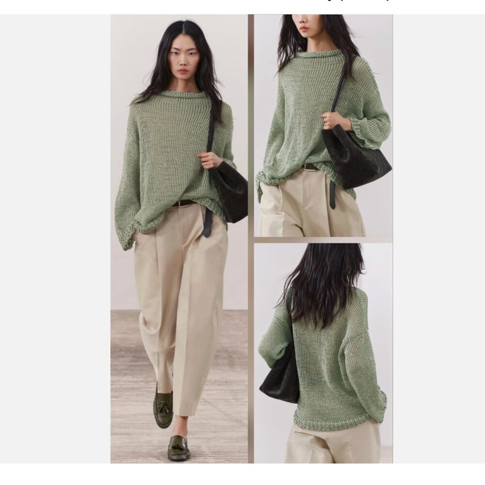 NWT Zara Open Knit Sweater L Mint Sage Sheer Drop Shoulder Slouchy Bloggers Fave - Picture 3 of 9